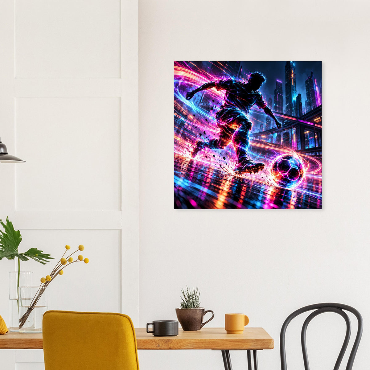 Quadratisches Neon-Soccer-Actionposter mit leuchtendem Fußball und futuristischer Stadtkulisse