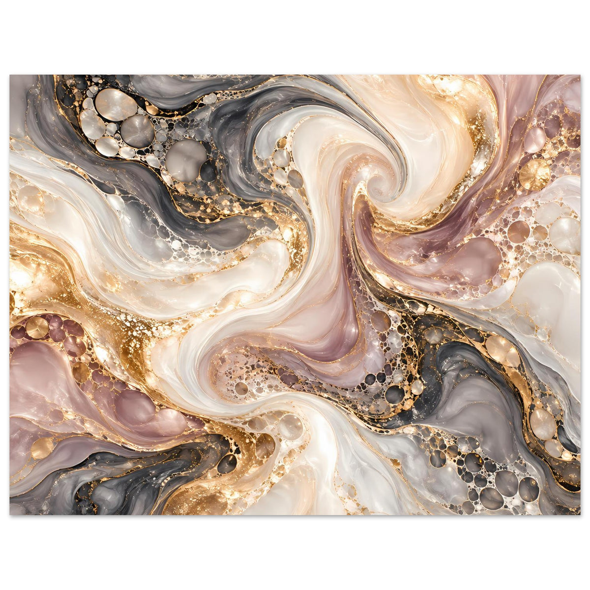 Marmor-Poster im Querformat, glitzernde Goldtöne zwischen cremefarbenen und grauen Swirls