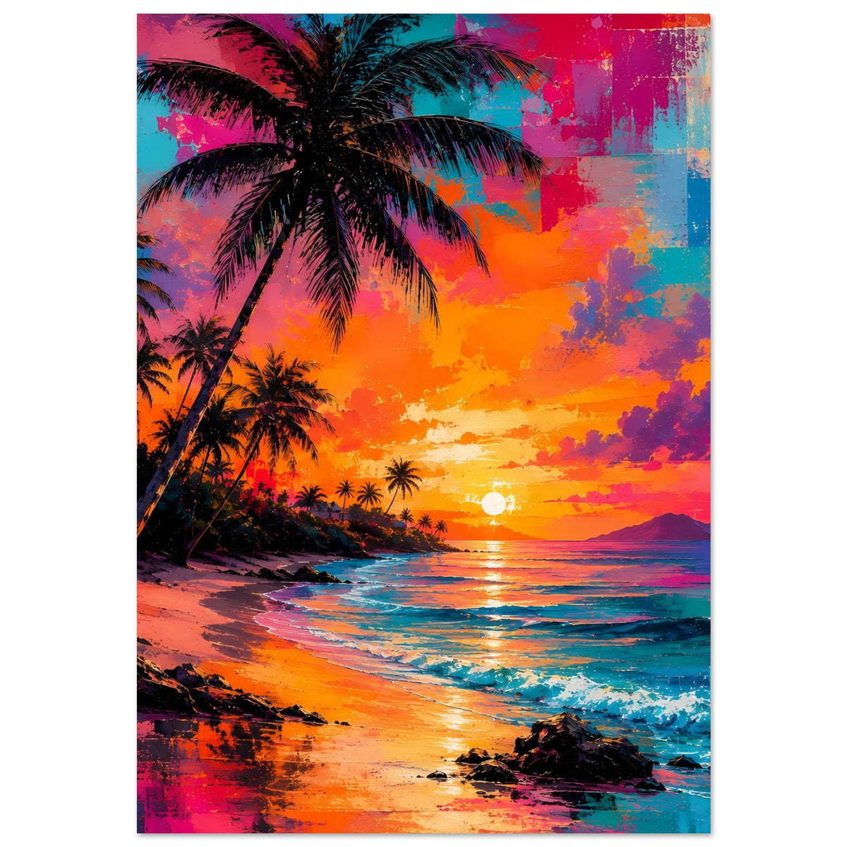 Abstraktes Poster: Palmen, tropischer Strand und leuchtender Sonnenuntergang in Neonfarben