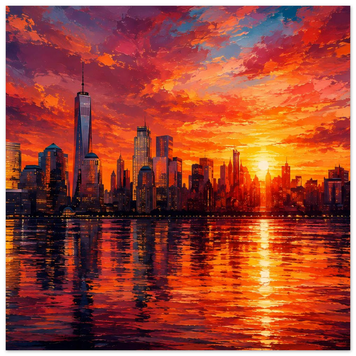 Poster mit New-York-Skyline und One World Trade Center, feuriger Sonnenuntergang mit Reflexionen