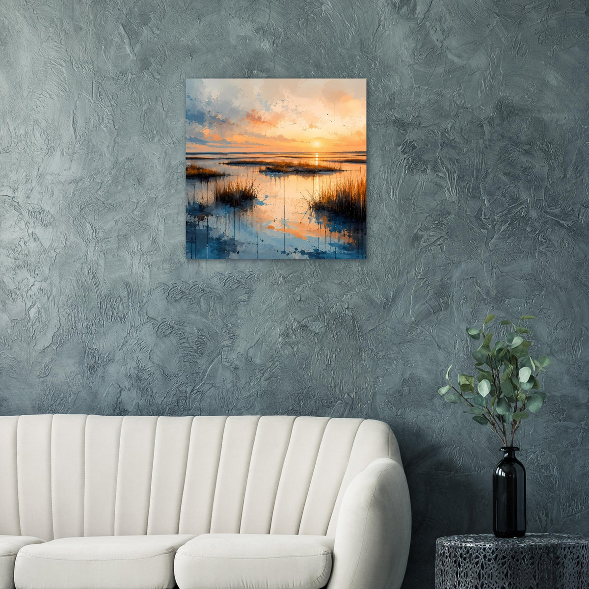 Quadratisches Poster mit Küsten-Sonnenuntergang, warmer Himmel und Reflexion im Wasser