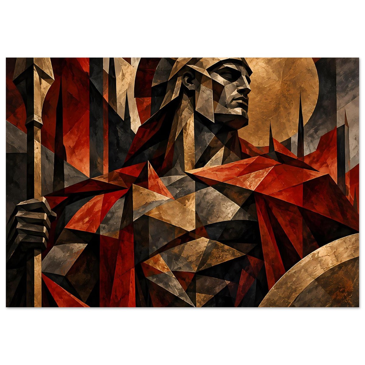 Poster mit spartanischem Krieger, geometrischer Stil in Rot- und Goldtönen, im Querformat