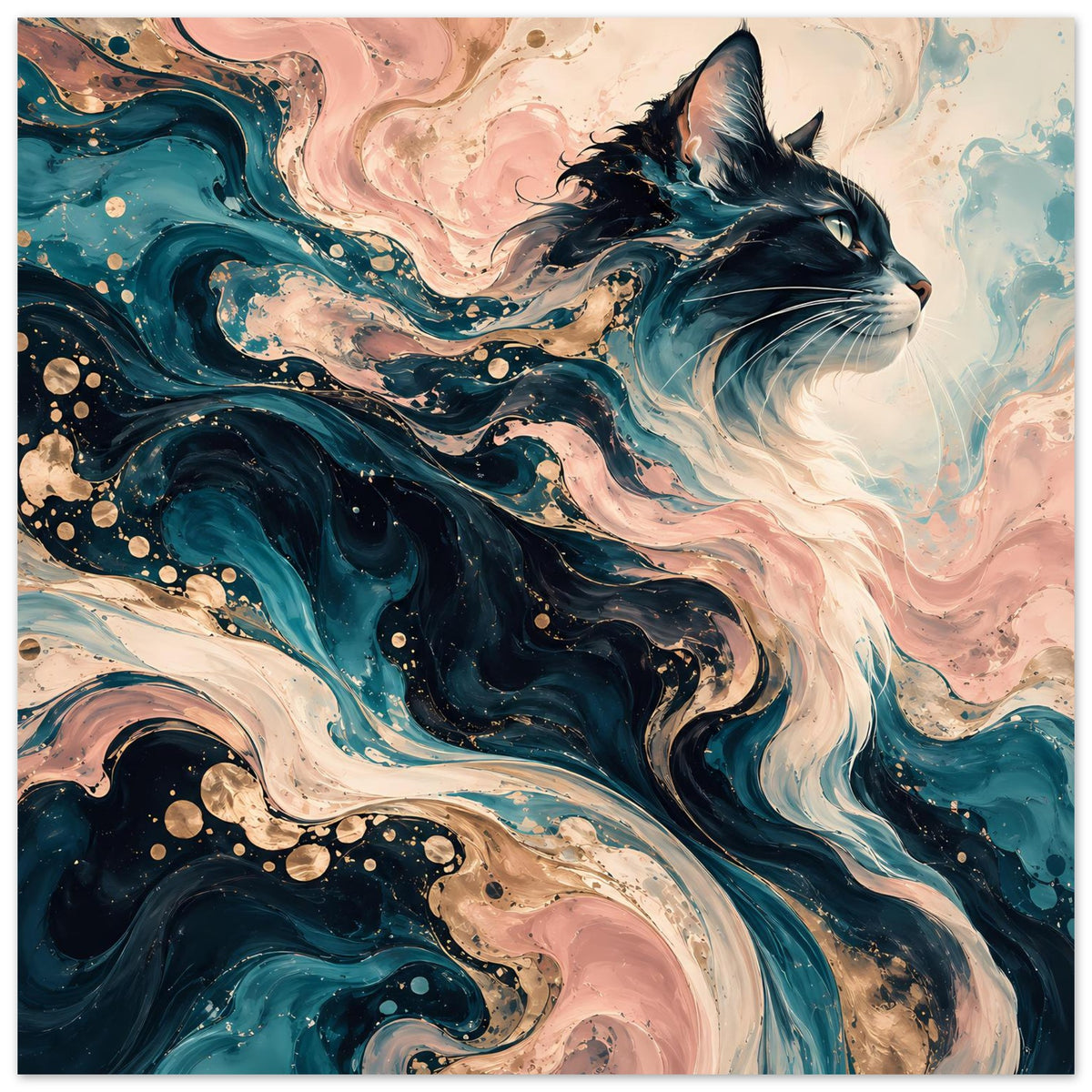 Abstraktes Katzen-Poster mit wirbelnden Blau-, Rosa- und Cremetönen
