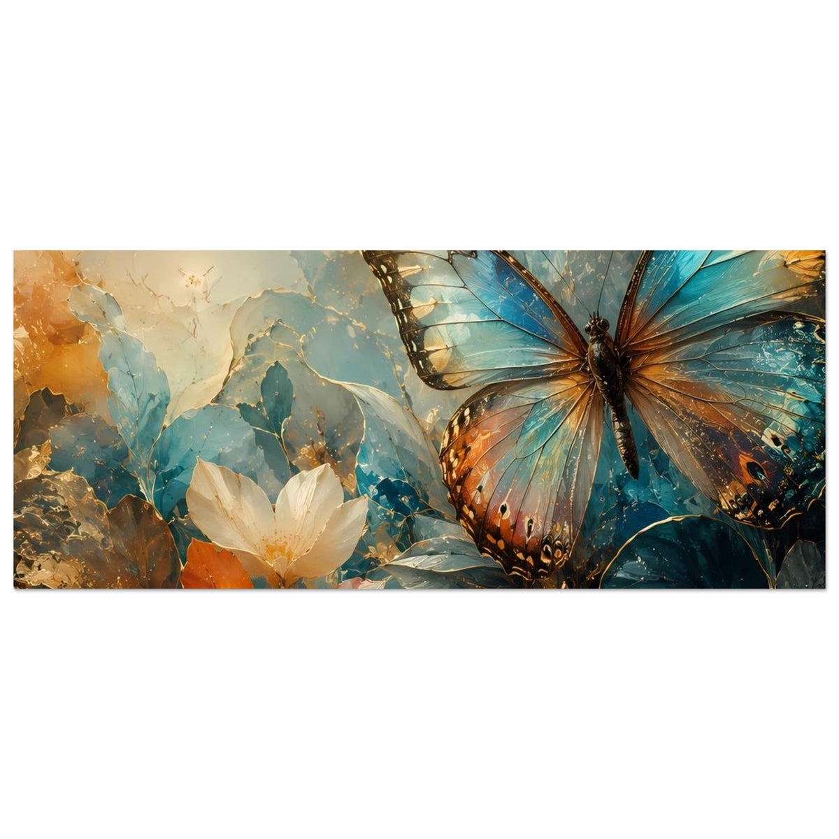 Horizontales Poster mit Schmetterling und Blüten in warmen Blau- und Goldtönen, abstrakt gemustert