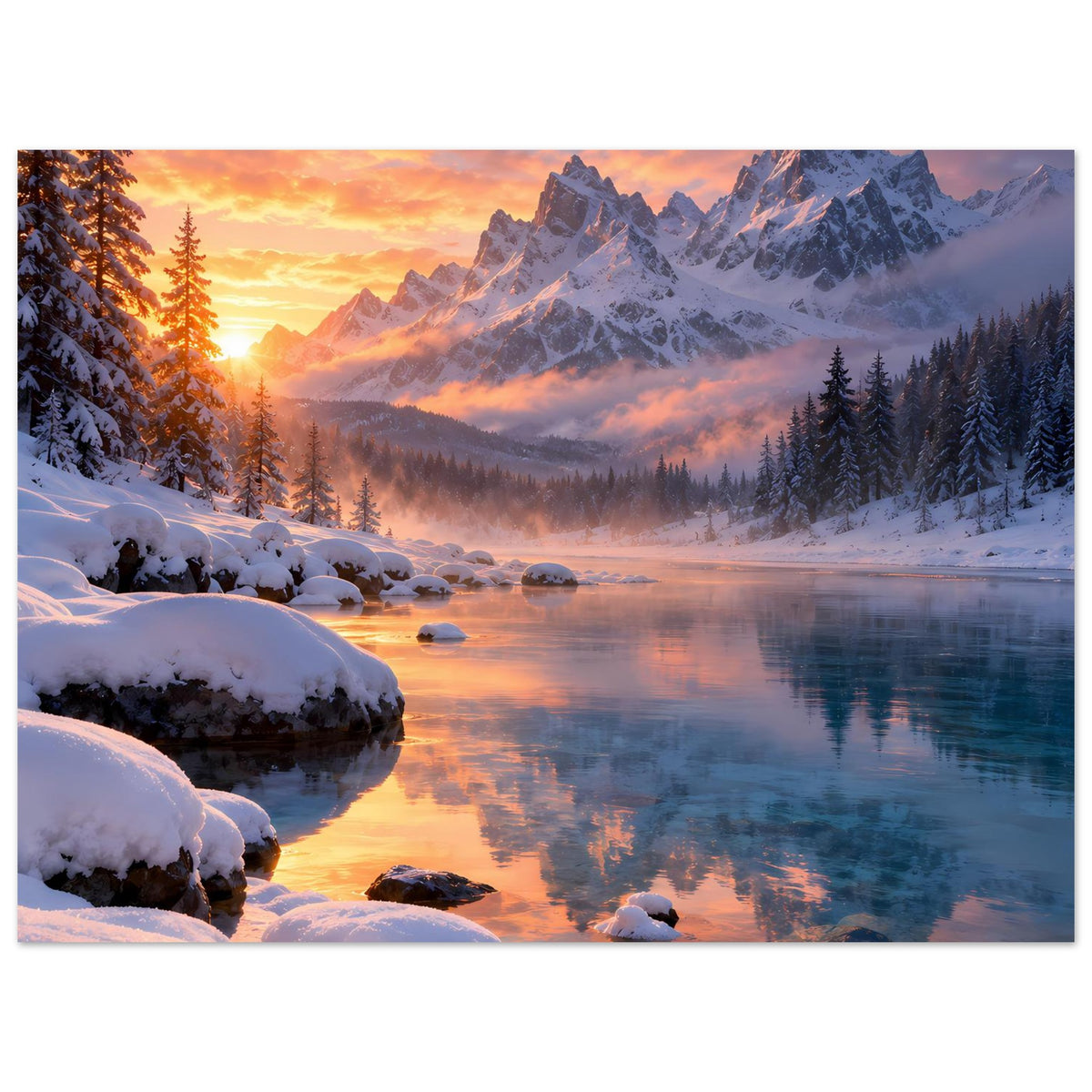 Horizontal-Poster Winterlandschaft: schneebedeckte Steine am Ufer, Tannen, Berge und See-Reflexion