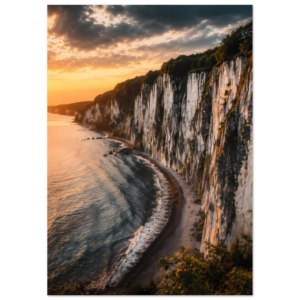 Poster mit Meer und geschwungenem Strand entlang einer weißen Steilküste im Abendlicht