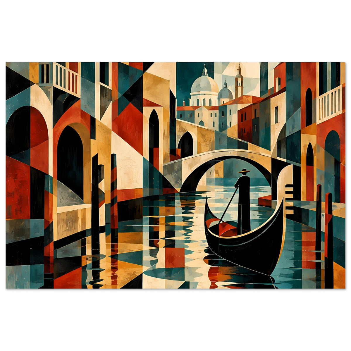 Wandposter im Querformat: venezianische Architektur, Gondel auf spiegelndem Wasser
