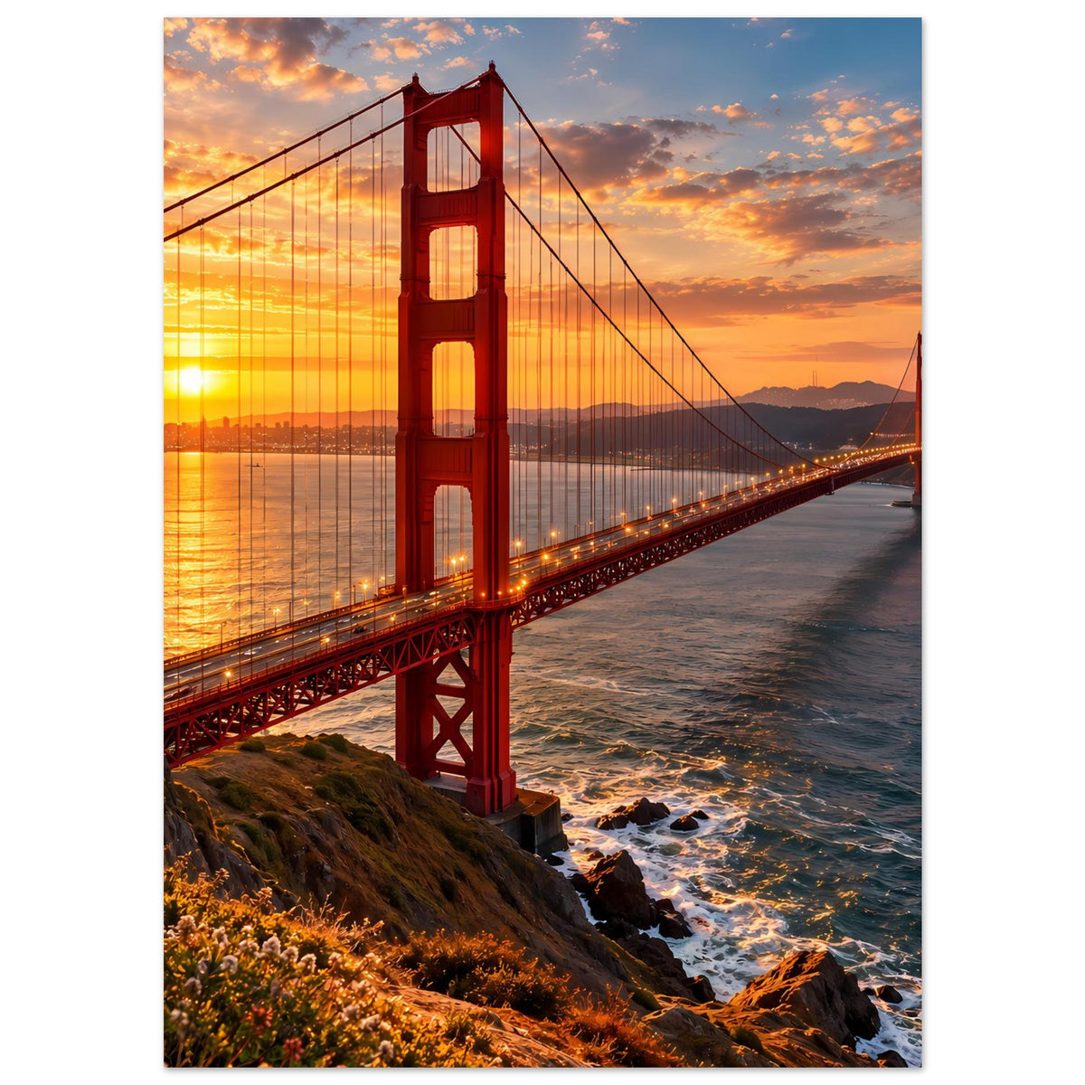 Poster im Hochformat: Golden Gate Bridge bei Sonnenuntergang über Küste