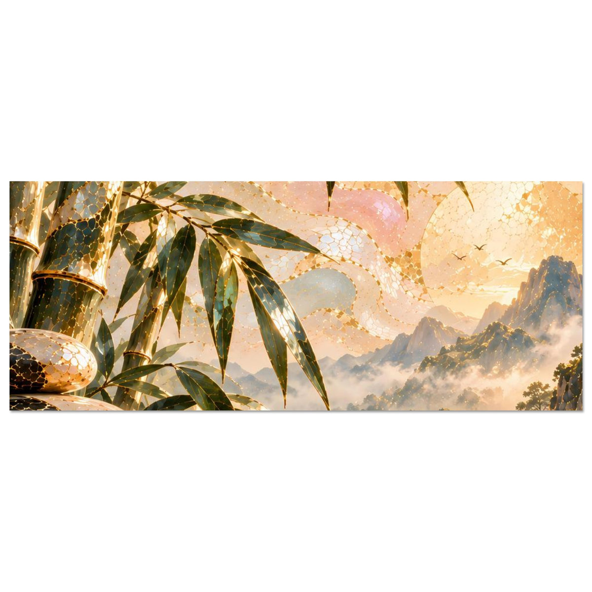 Horizontales Poster: Bambuszweige, goldene Steine und Wasserfall-Optik vor Bergkulisse