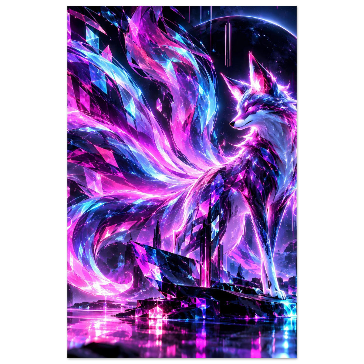 Neonfuchs-Poster im Hochformat mit lila-blauen Lichtwirbeln und leuchtendem Fuchskopf