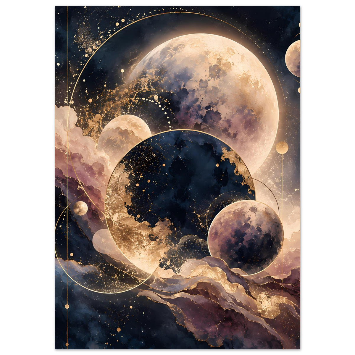 Planetenposter im Hochformat mit großem Mond, dunklem Planeten und goldenen Sternenpunkten