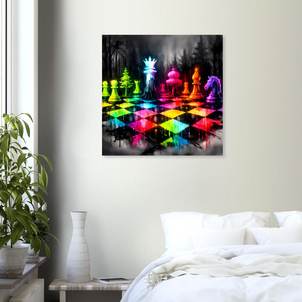 Quadratisches Schachspiel-Poster mit leuchtendem Schachbrett und Neonfiguren im Waldszenen-Stil