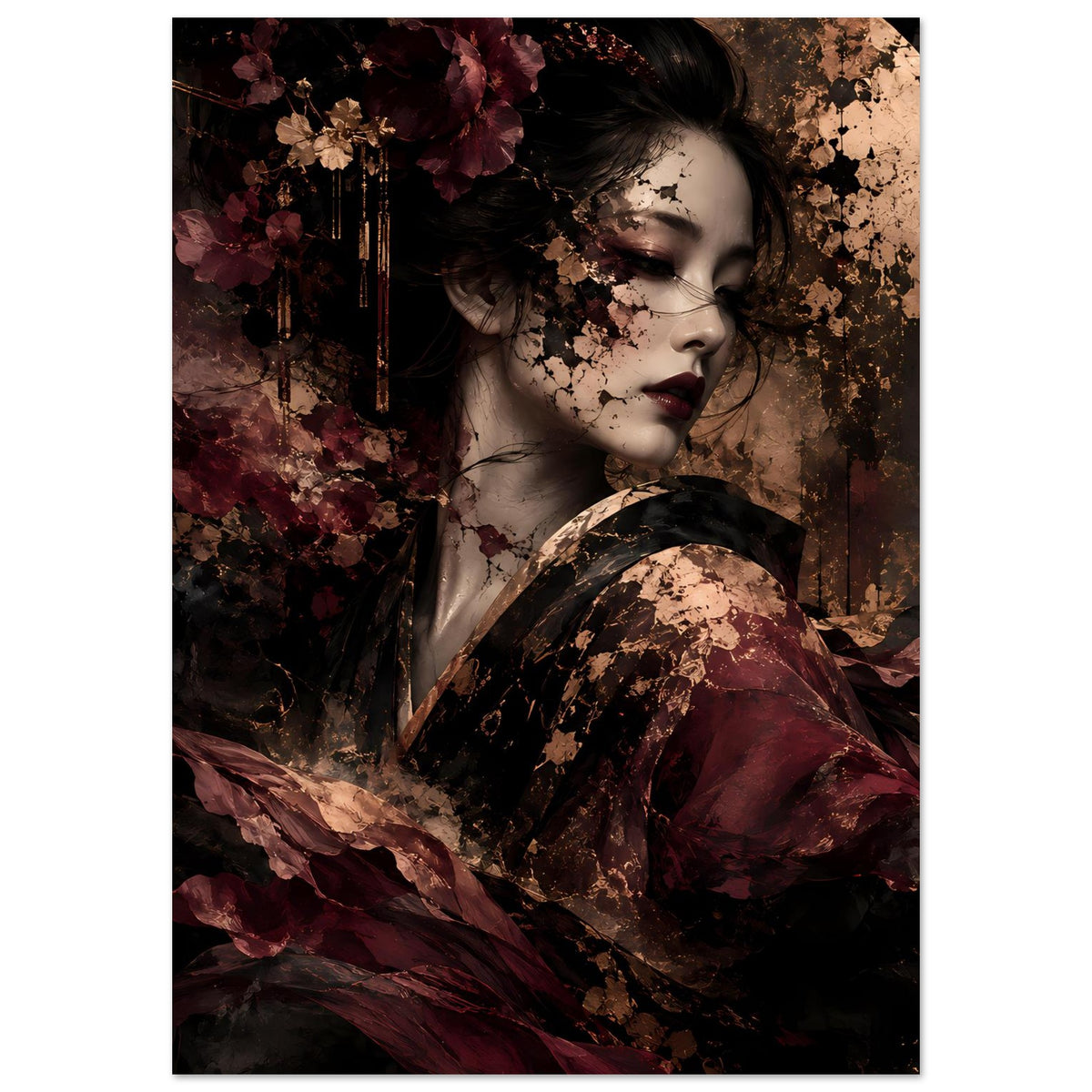 Kunstposter im Hochformat: Seitenansicht einer Frau, Bordeaux/Schwarz und goldene Spritzmotive.