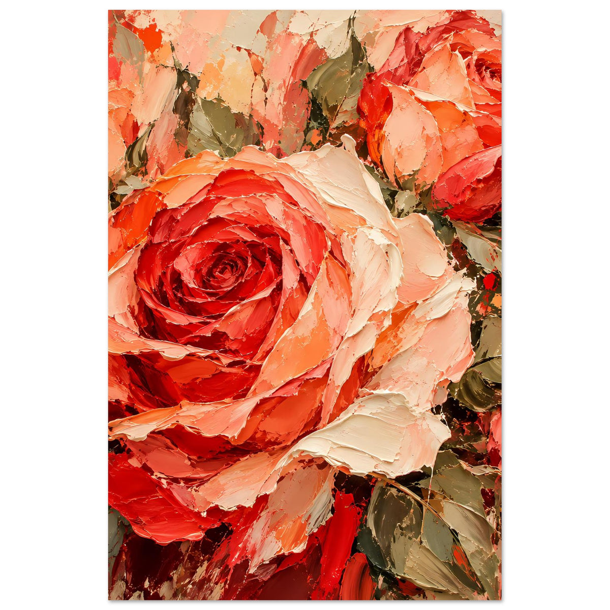 Vertikales Poster mit Rosenstrauß-Motiv: große rote und cremefarbene Rose, Blätter.