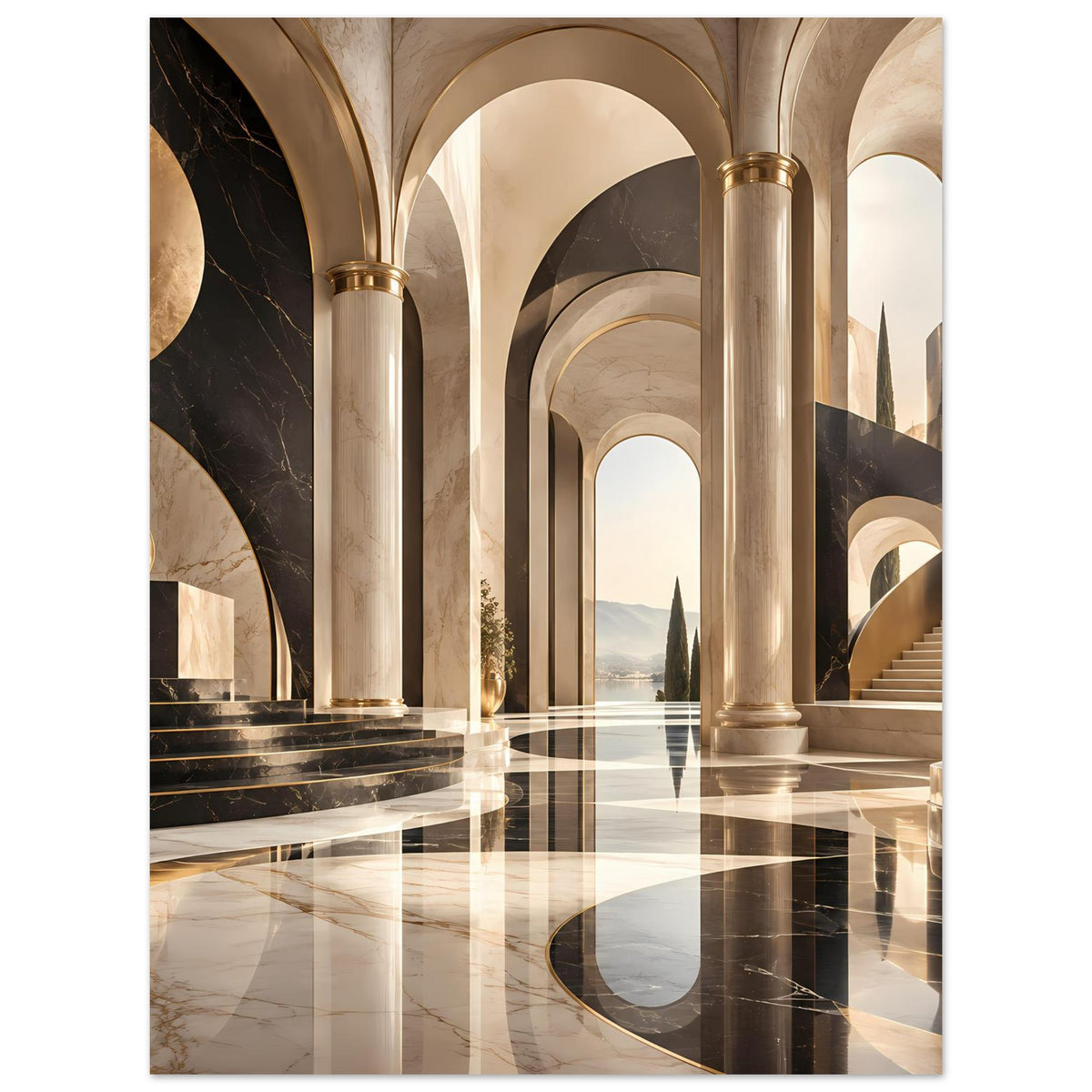 Vertikales Architekturposter: goldene Säulen und Arkaden über schwarzem Marmorboden