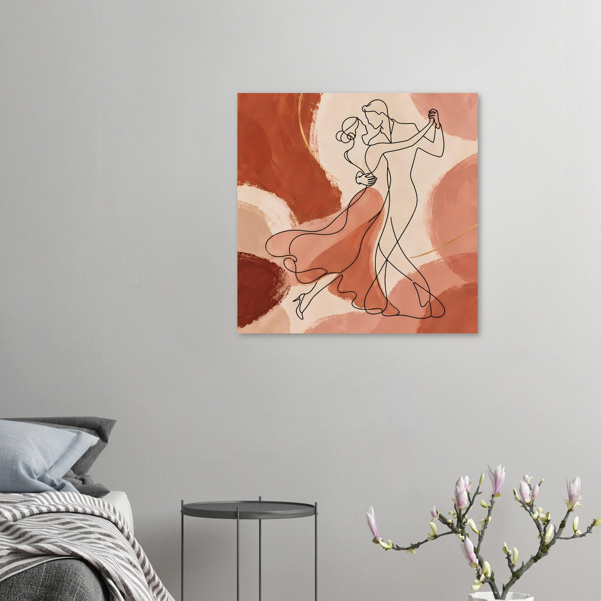 Kunstposter im Kleinformat: tanzendes Paar als Line-Art, warme Erdtöne