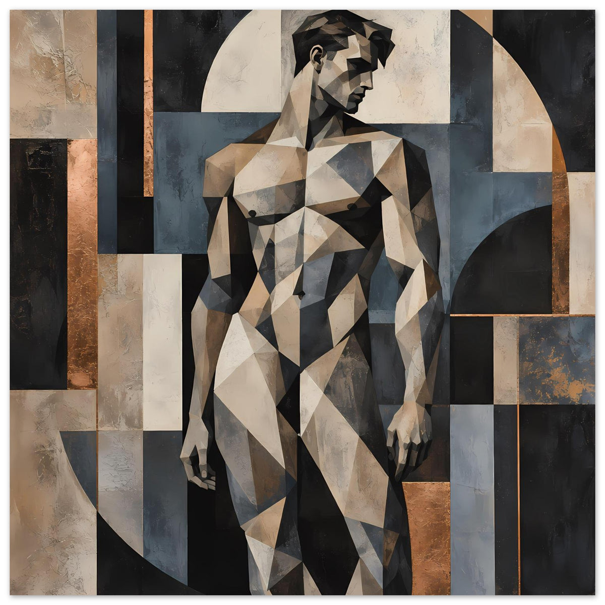 Kunstposter mit geometrischer Aktfigur, warmen Erdtönen, Blau-Grau und schwarzen Flächen