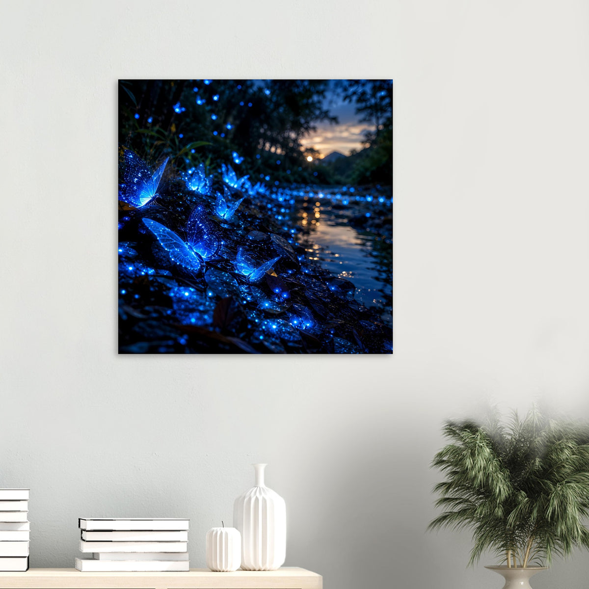 Quadratisches Poster mit leuchtendem blauem Schmetterling und Glitzer-Effekt