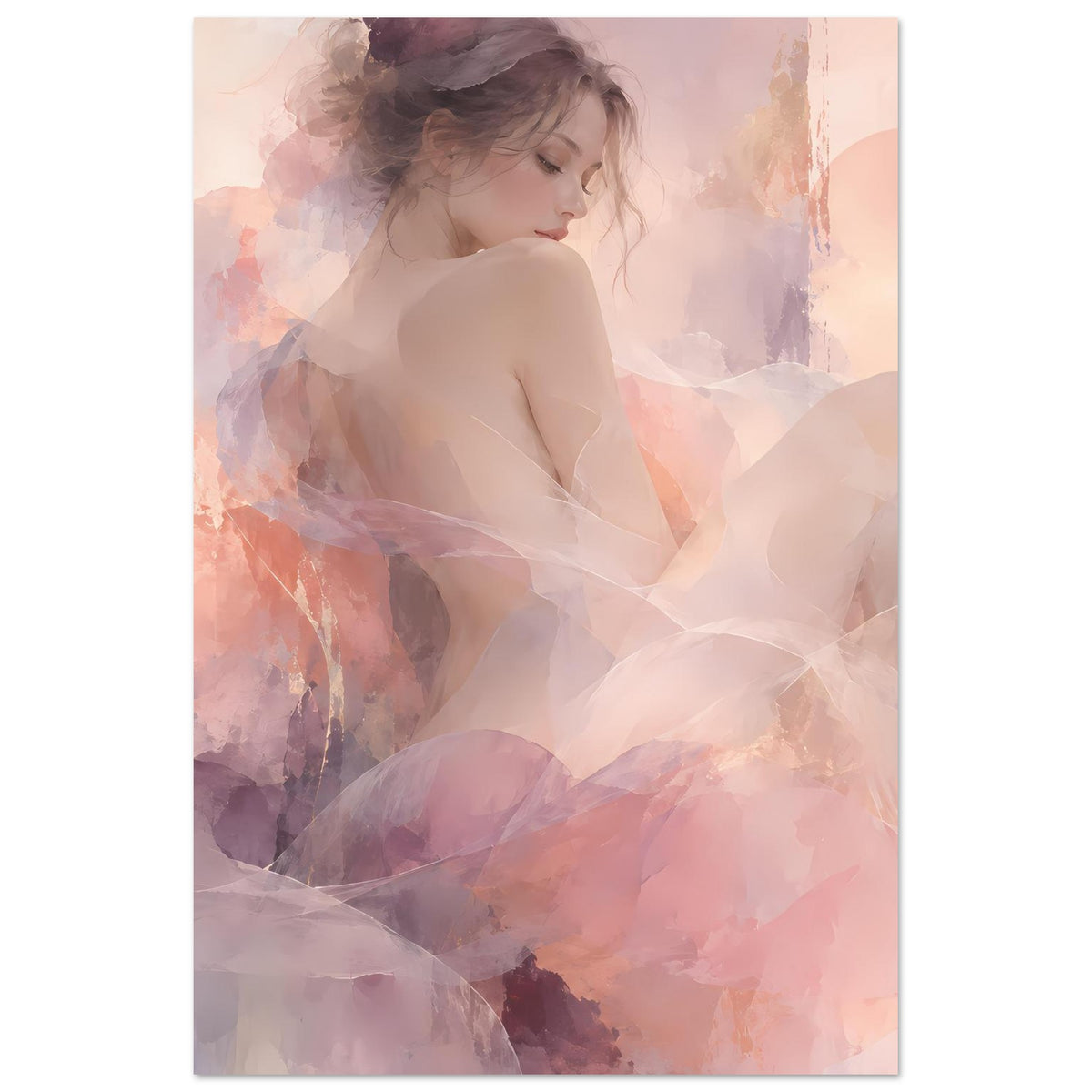Abstraktes Watercolor-Frauenporträt in Pastellrosa und Lavendel, Hochformat-Poster