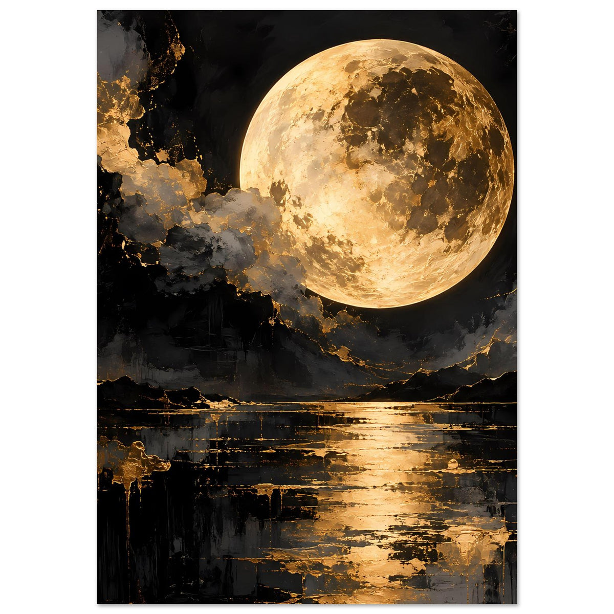 Hochformat-Wandposter: großer goldener Mond über schwarzer Wolkenlandschaft und Spiegelung
