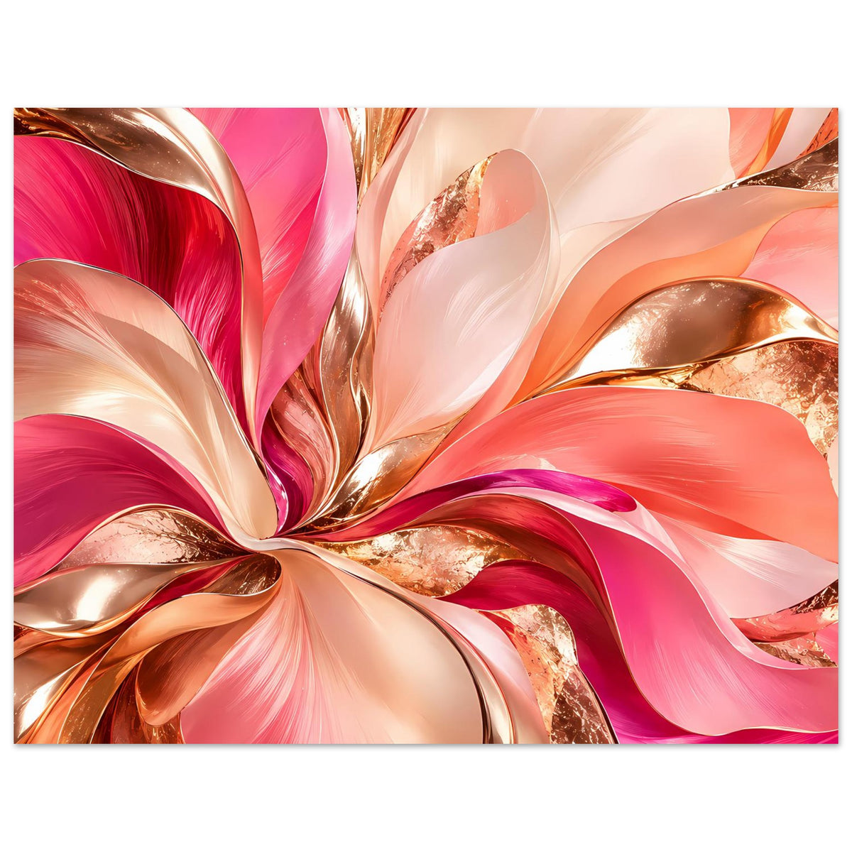 Abstraktes Blumenposter mit rosa Farbwirbeln, beigen Lagen und goldschimmernden Ribbons