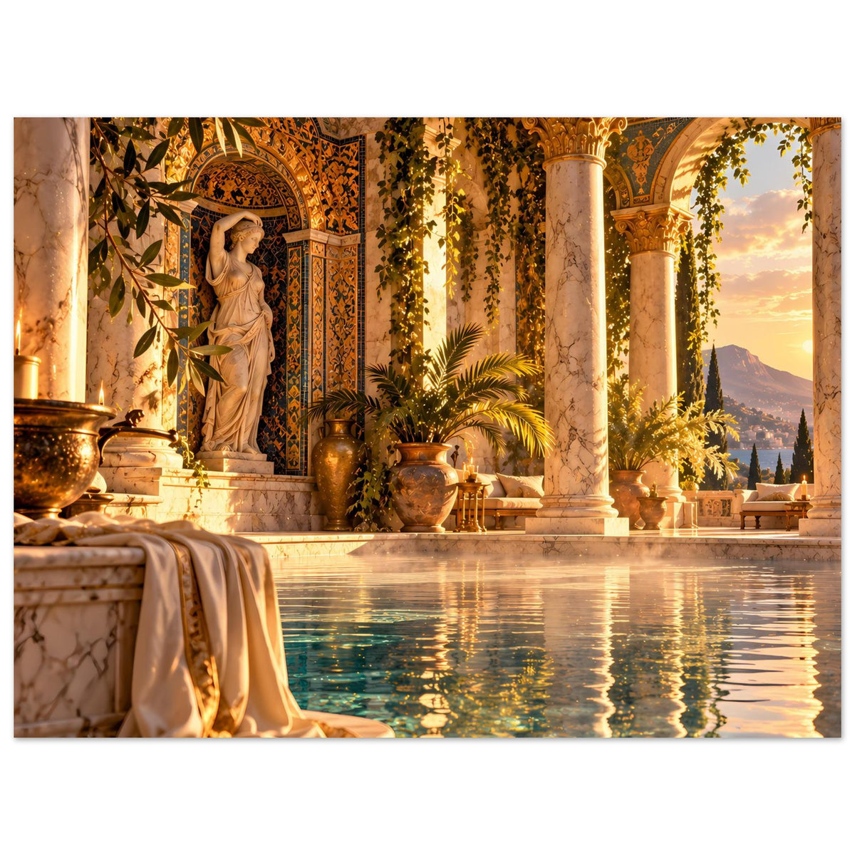 Mediterranes Pool-Poster mit goldenen Säulen, Brunnenbecken, Statue und Blick auf Berge