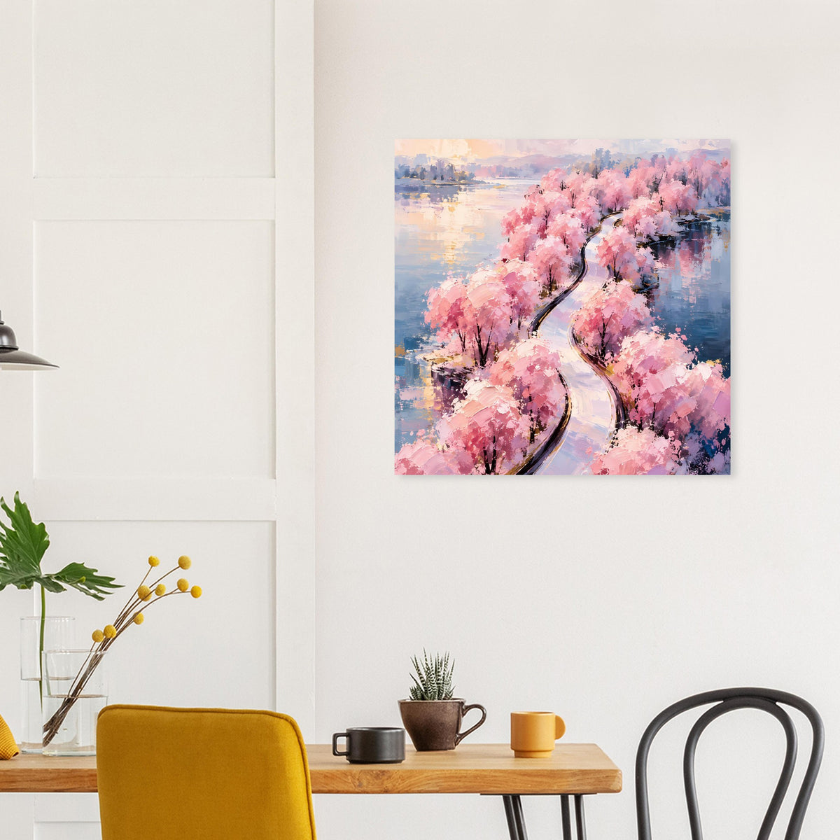 Quadratisches Poster mit pastelligem rosa Blütenwald und geschwungener dunkler Spur