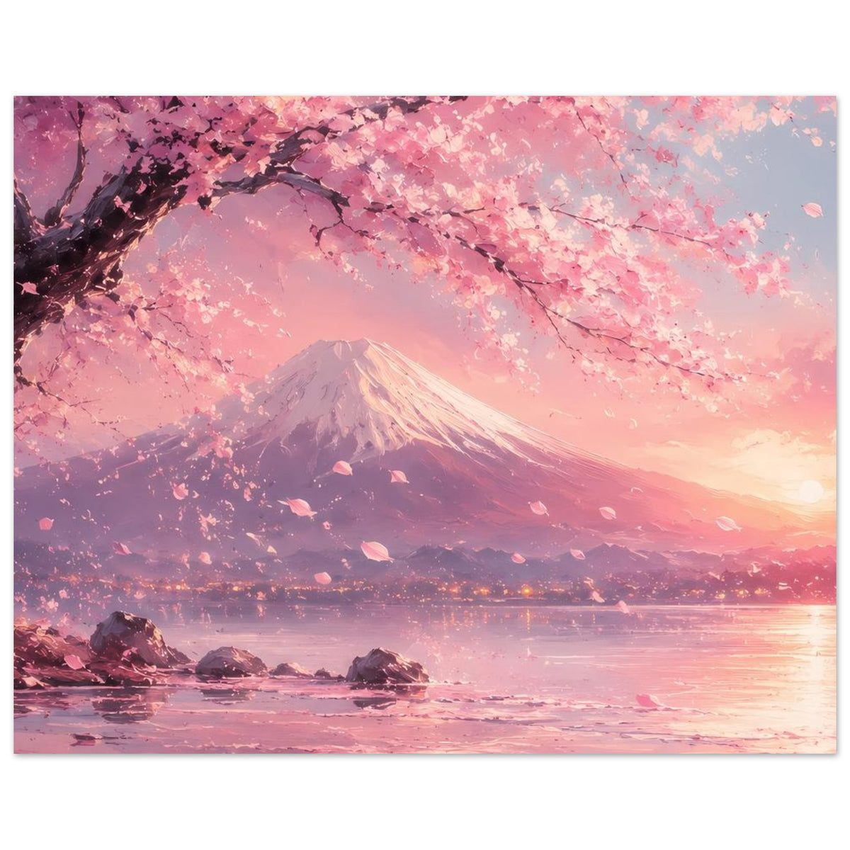 Poster mit Kirschblütenzweigen, Fuji und rosafarbenem See, abendlicher Farbverlauf.