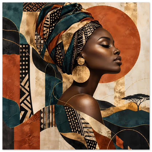 Kunstposter mit Porträt einer Frau im Turban, goldene Ohrringe, erdige Petrol- und Brauntöne