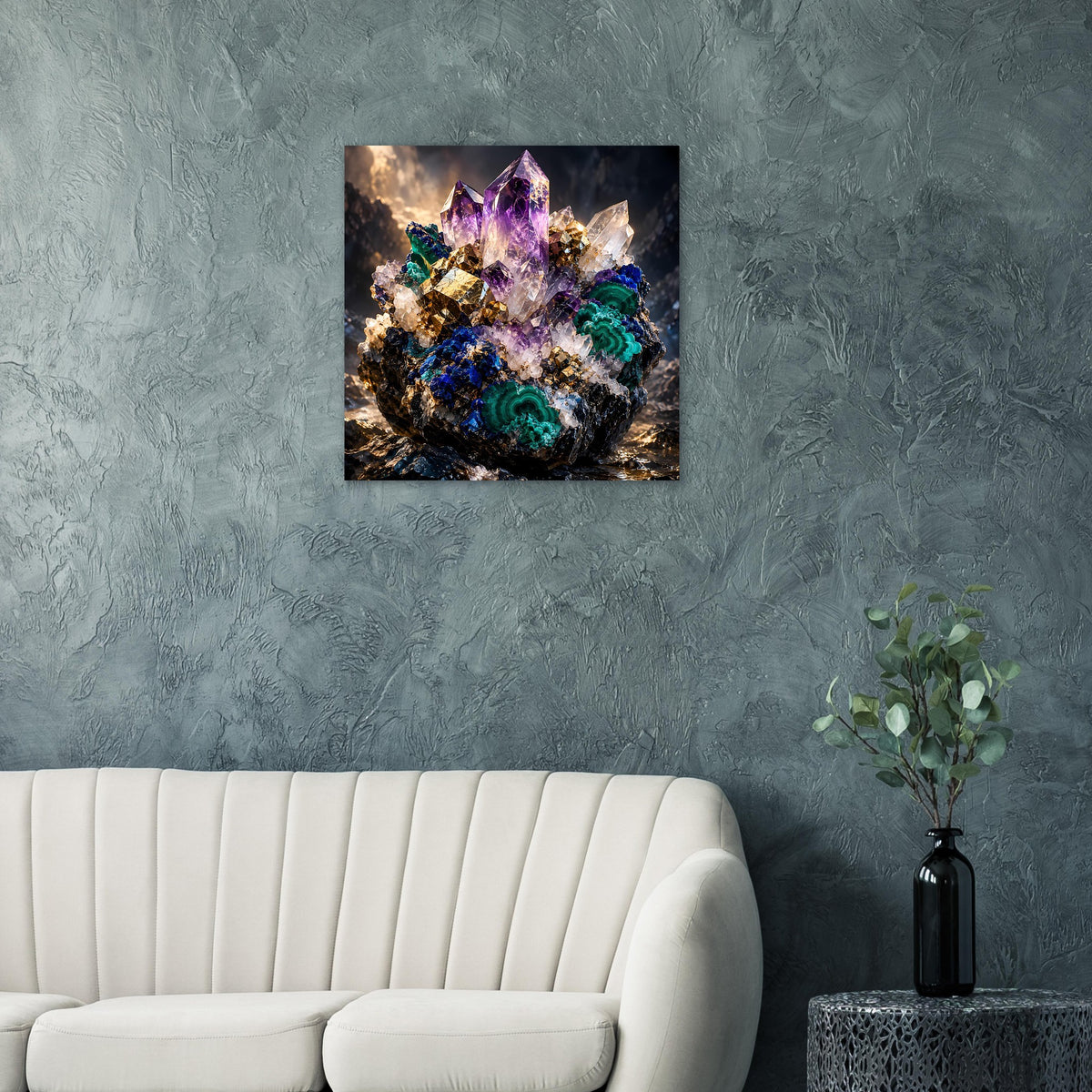 Kristallposter mit violettem Amethyst-Leuchten und türkis-grünem Malachit-Funkeln