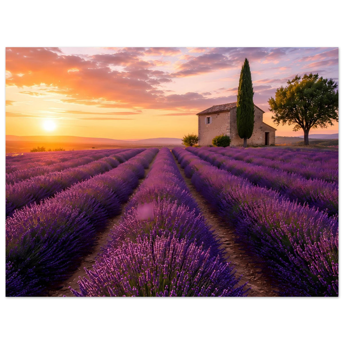 Querformat-Poster: Lavendelweg, violette Blüten, Sonnenuntergang mit Haus.