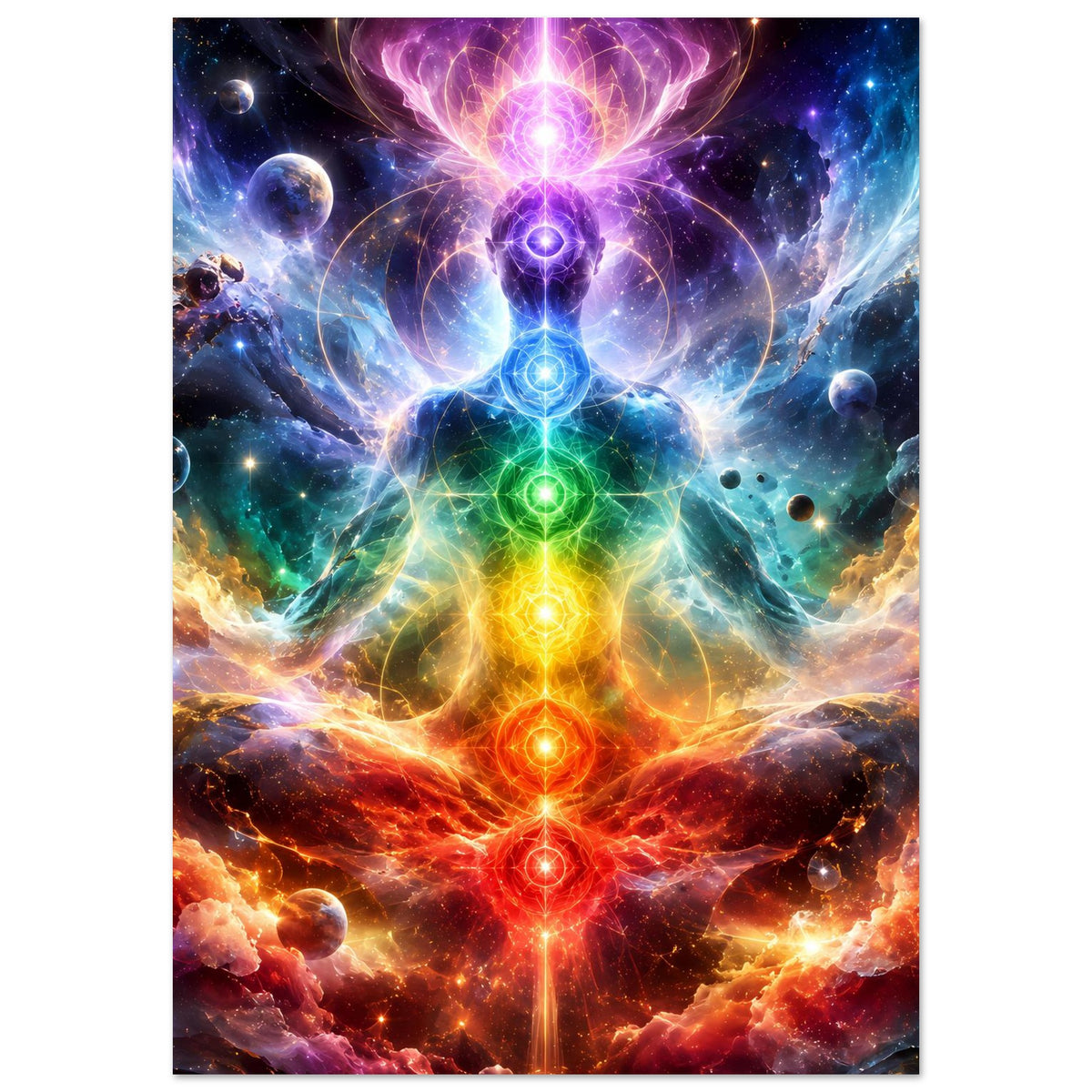 Meditationsposter im Hochformat mit strahlendem Chakra im Zentrum und farbigem Energiefluss