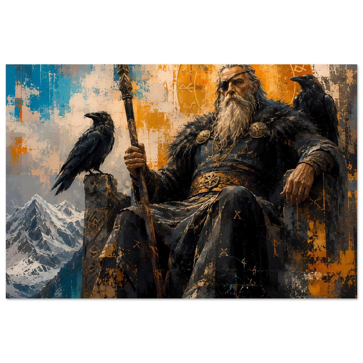 Poster im Querformat: bärtiger Wikinger-Gott hält Speer, Rabe links, abstrakte Farbflecken