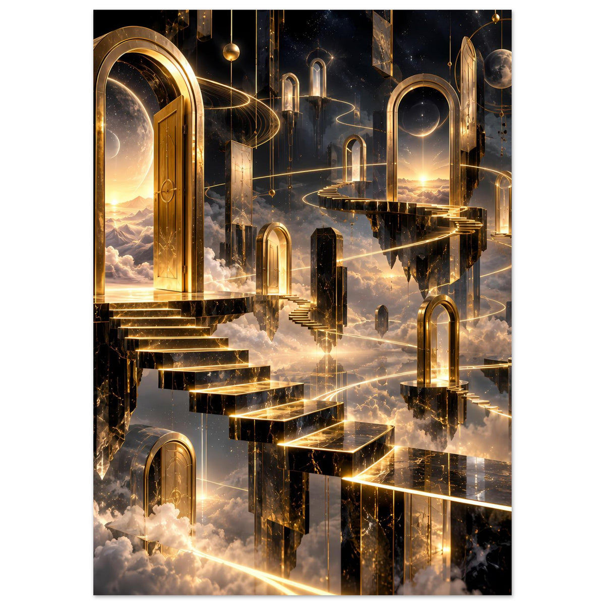 Luxuriöses Poster im Hochformat mit gold-schwarzem Architekturmotiv und leuchtenden Details