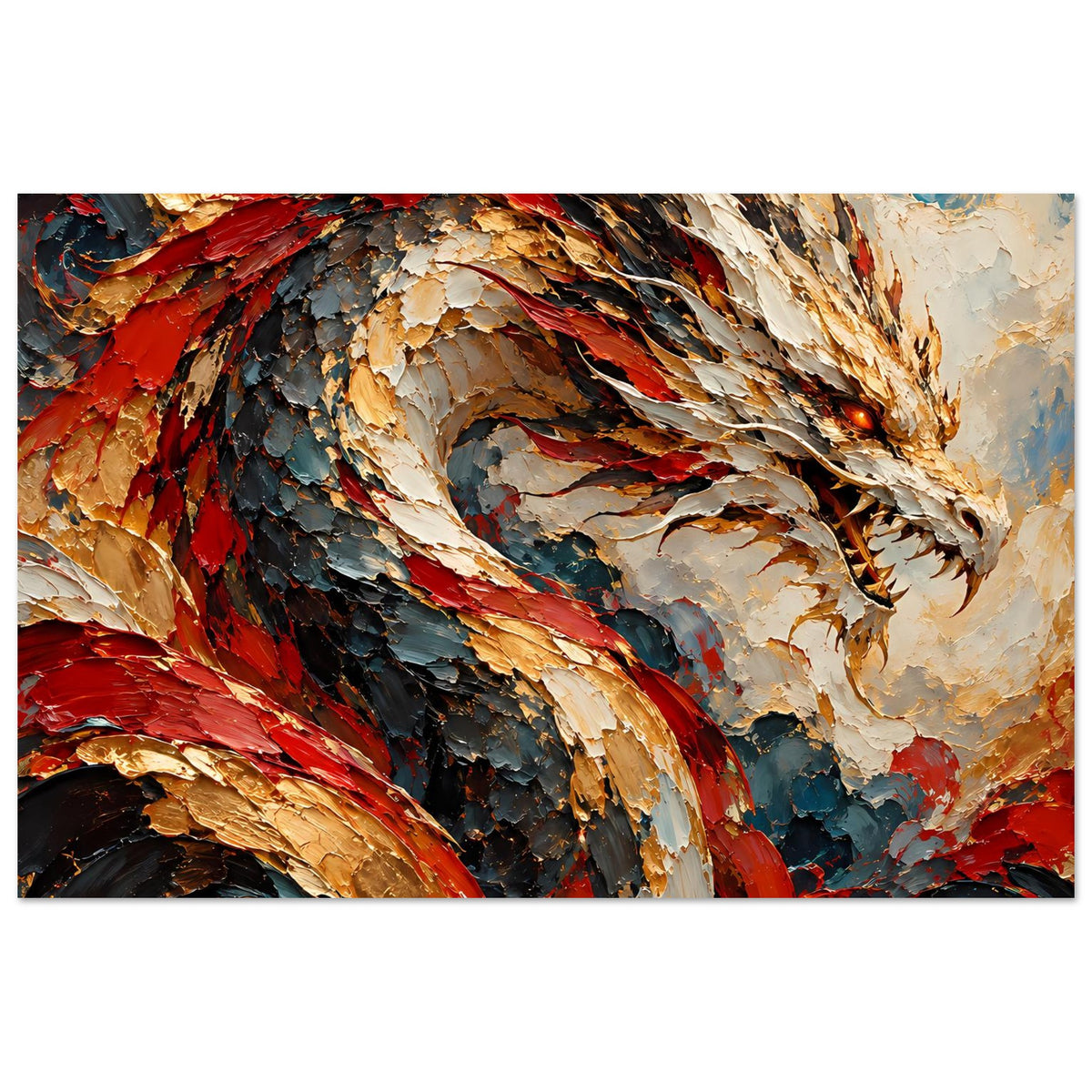 Fantasy-Poster mit Drache: weiß-goldene Schnauze, rote und dunkle Schuppen, bewegte Flügel