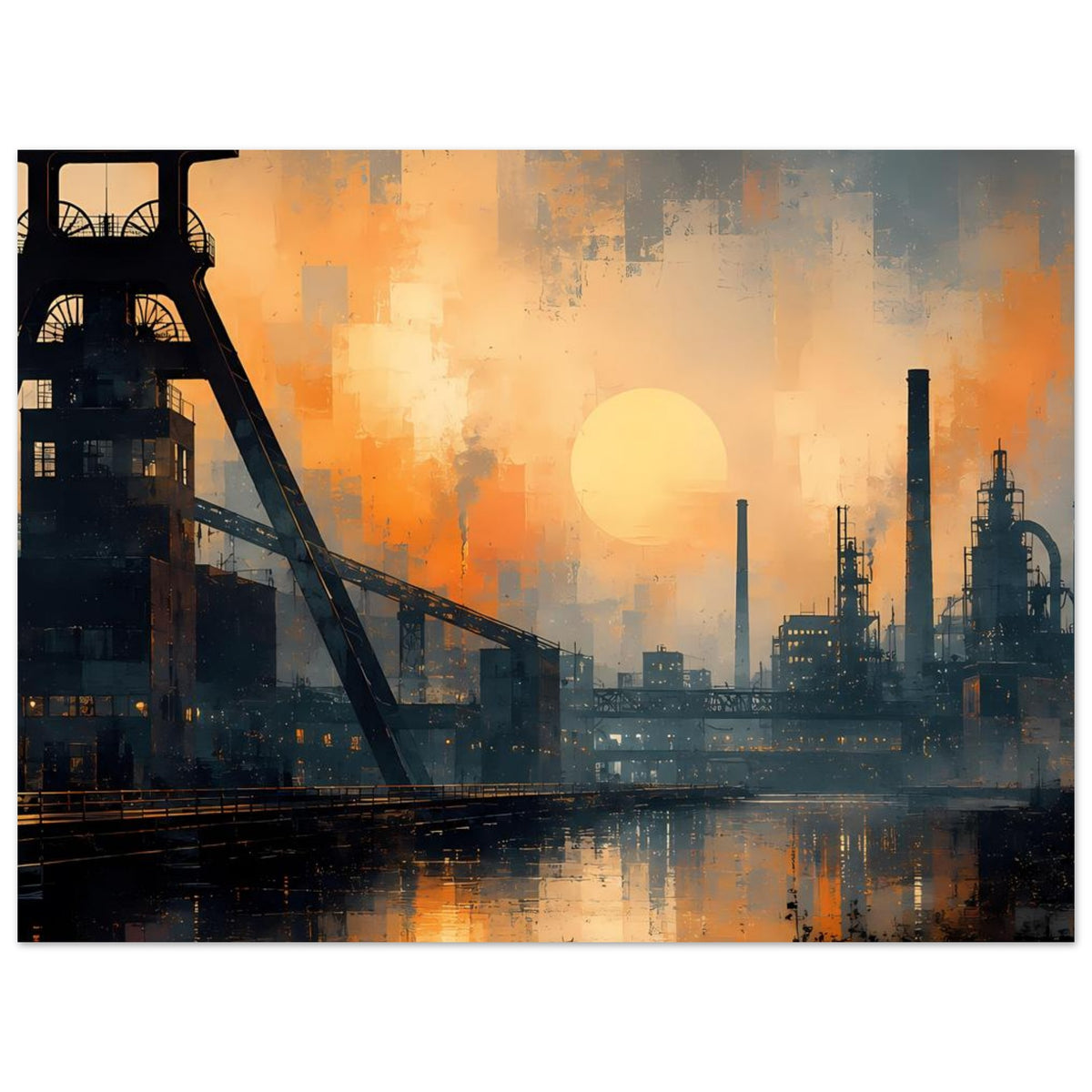 Industrie-Stadtpanorama Poster, breiter Ausschnitt: Brücke, Sonne im Dunst und Fabriktürme.