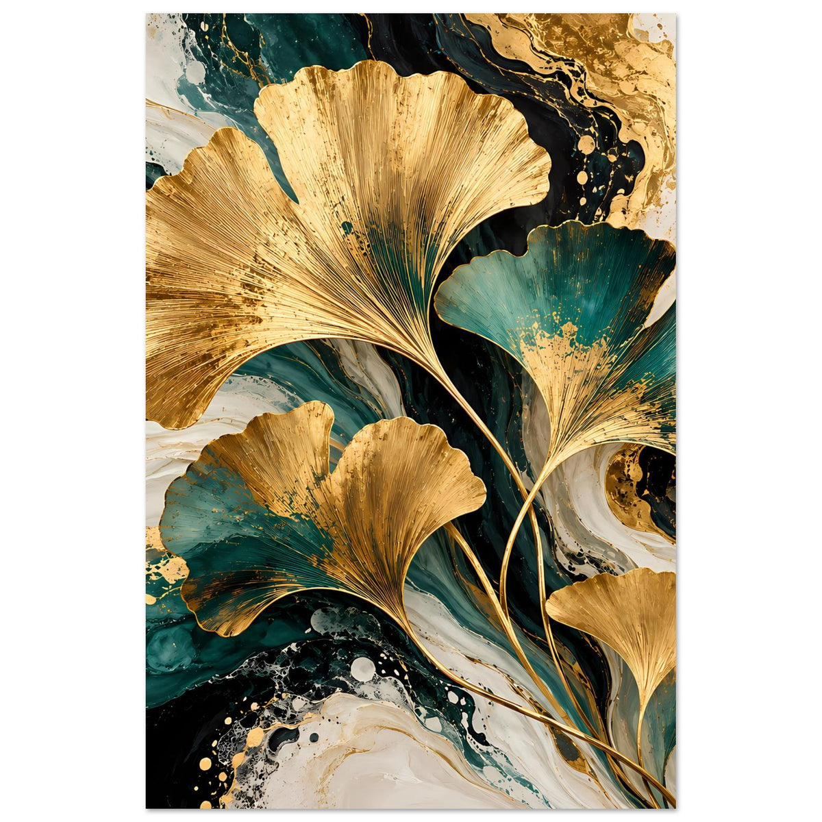 Naturposter im Hochformat mit goldenen Ginkgo-Blättern und dunklen Grün-Akzenten