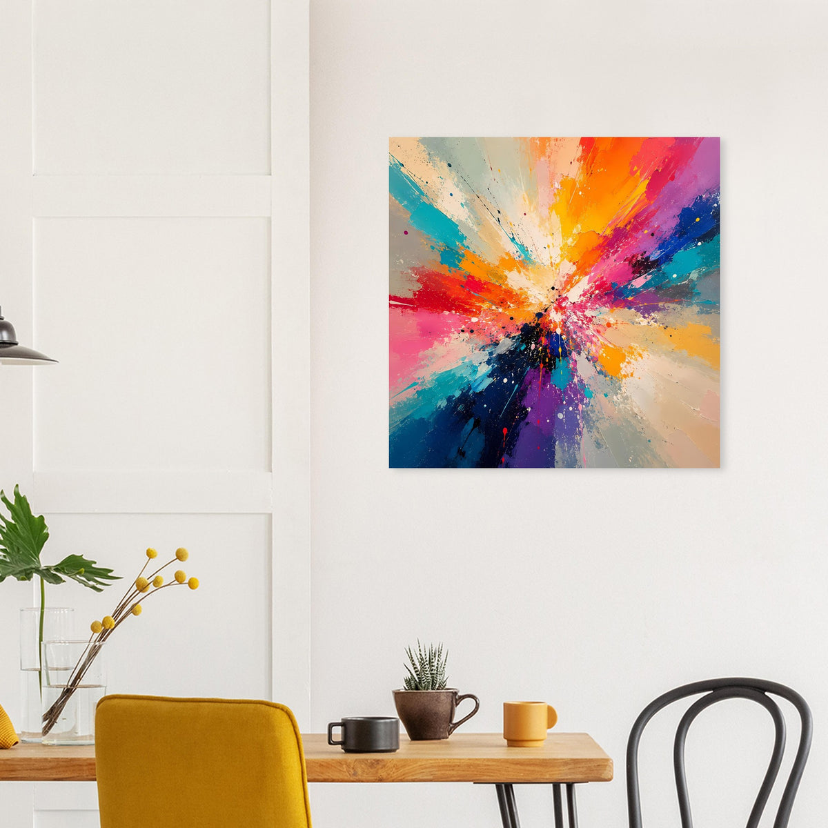 Quadratischer Kunstdruck mit farbenfrohem Strahlenzentrum in Pink, Orange, Blau und Lila.