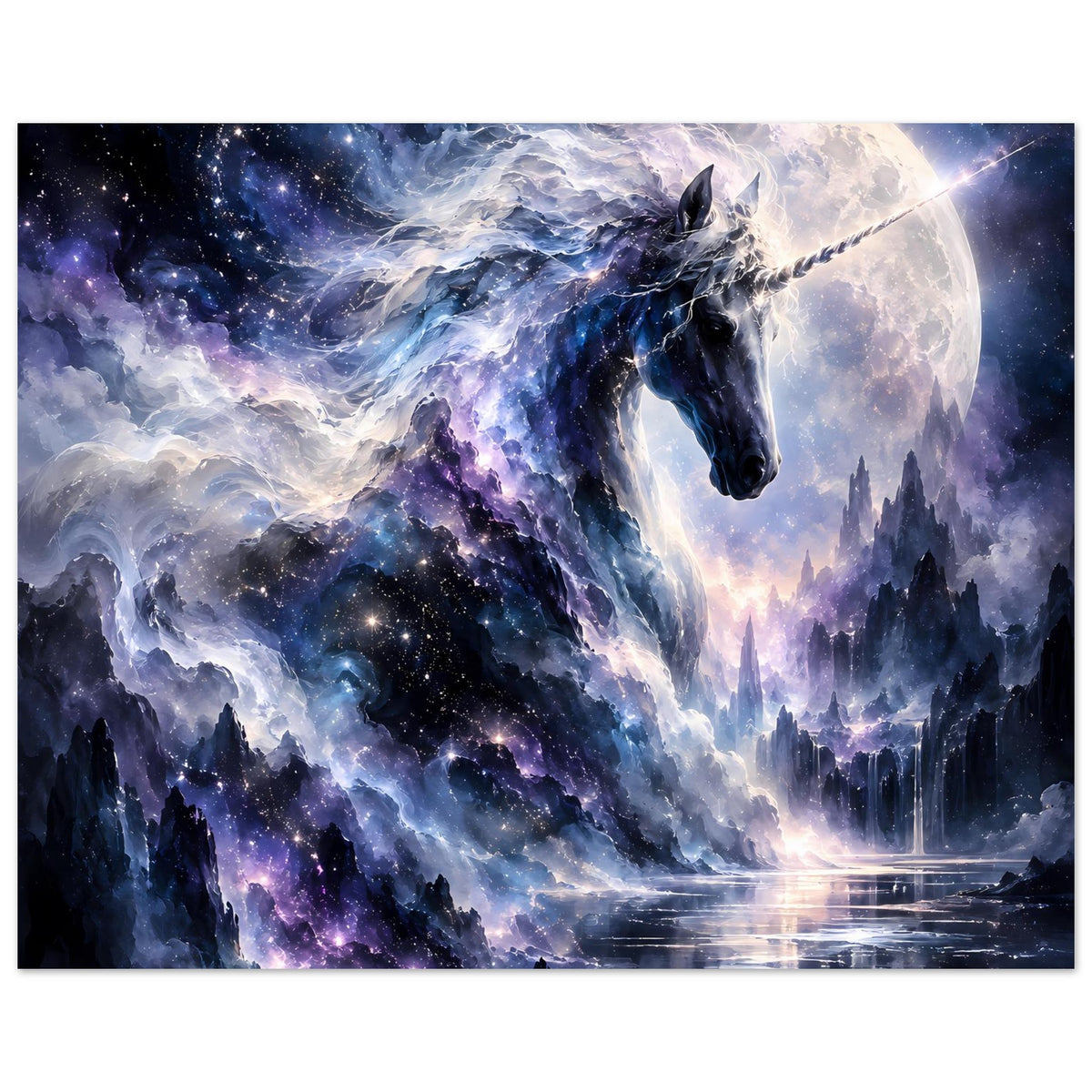 Poster mit galaktischem Einhorn, leuchtendem Mond und Sternenwolken, Panoramaformat
