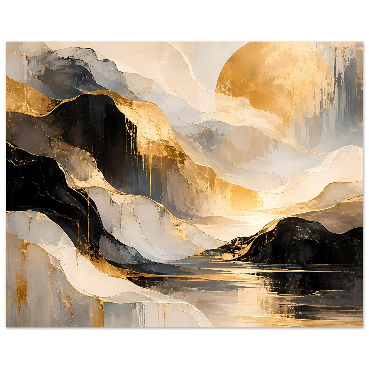 Horizontales Abstraktes Kunstposter mit goldenen Highlights, schwarzen Formen und hellen Pastellflächen