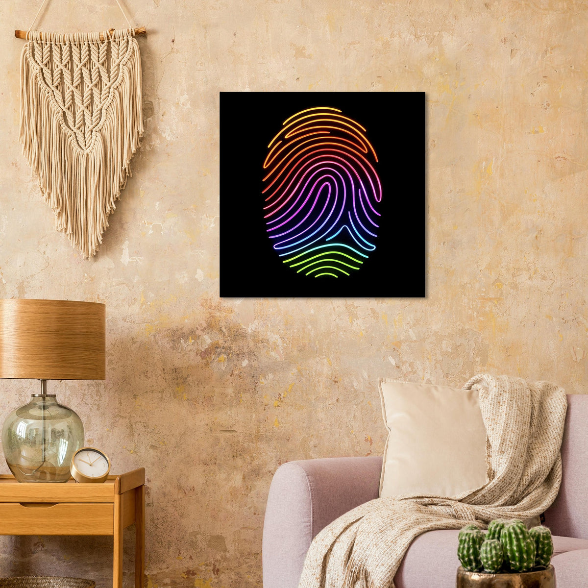 Neon-Fingerabdruck-Poster, regenbogenfarbene Konturlinien auf schwarzem Grund.