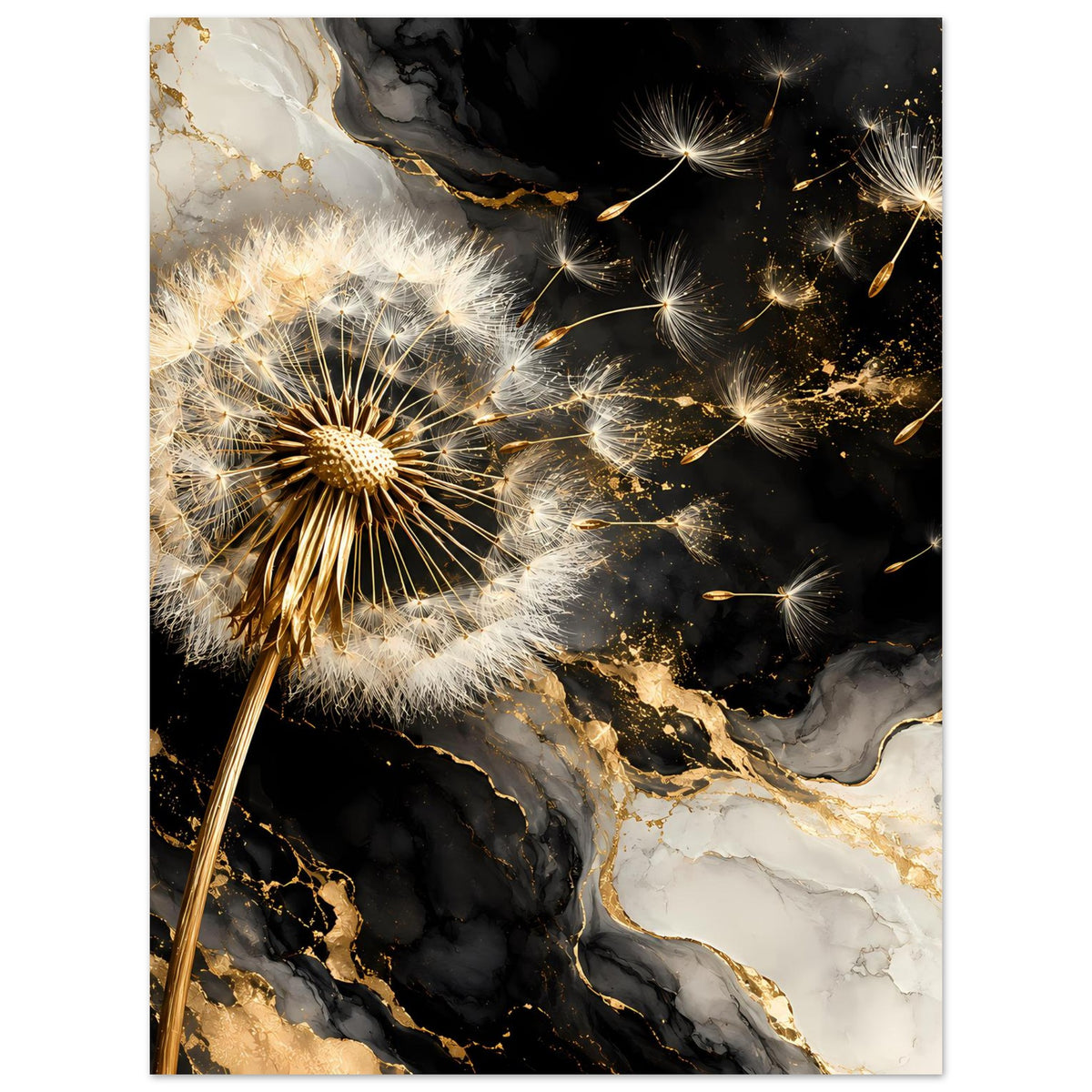 Poster im Hochformat: Pusteblume mit goldenen Samen auf schwarzem Marmormuster