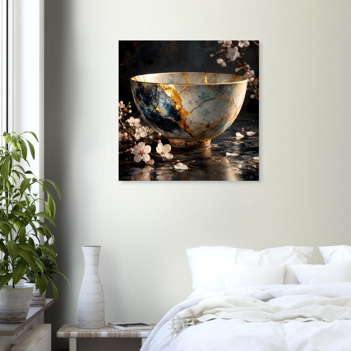 Kintsugi-Elegance-Poster: Schale mit goldenen Linien und blühenden Akzenten auf Schwarz