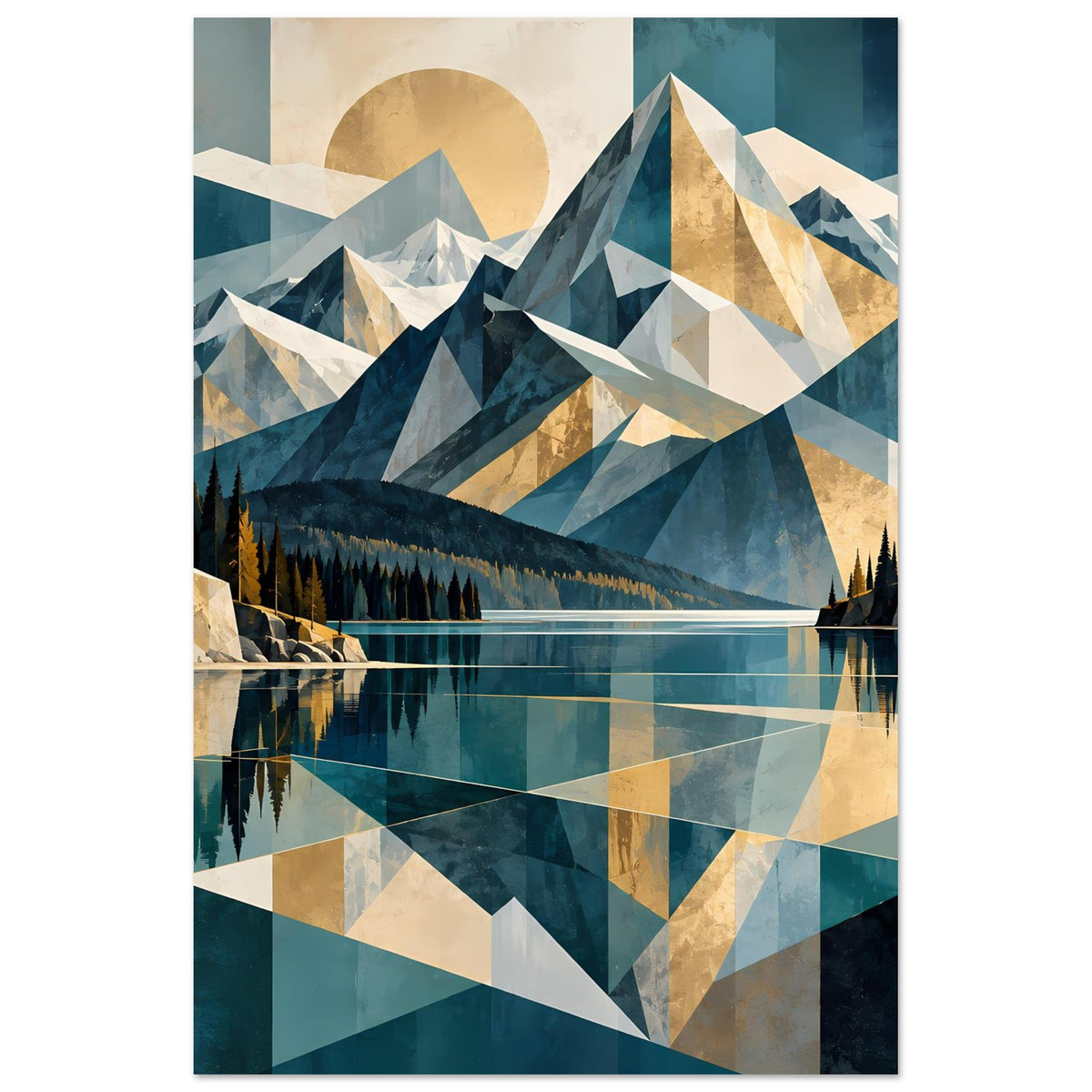 Kunstposter mit geometrischer Berglandschaft, Tannen und spiegelndem See in Blau/Beige