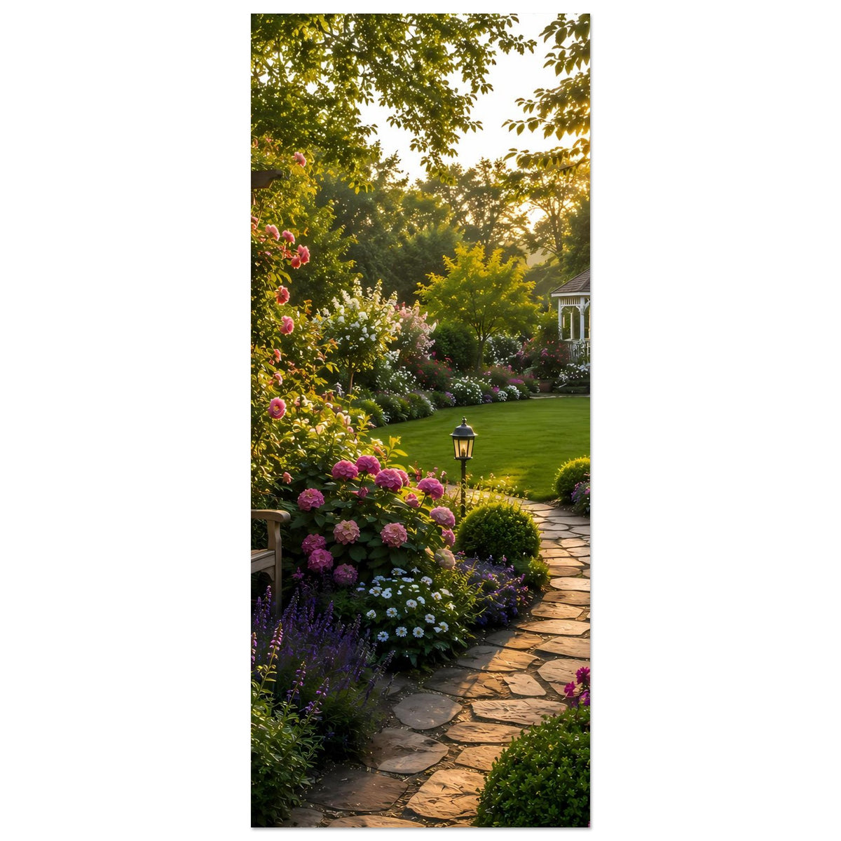 Hochformat-Gartenposter mit Rosenweg, Blumenrand und Pavillon bei goldenem Licht
