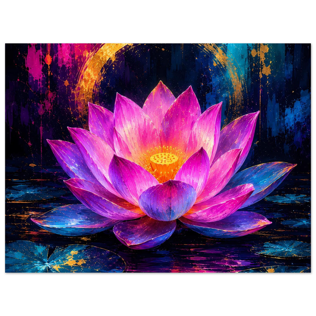 Blumenposter mit Lotusblüte in Violett und Rosa, goldfarbener Lichtbogen oben