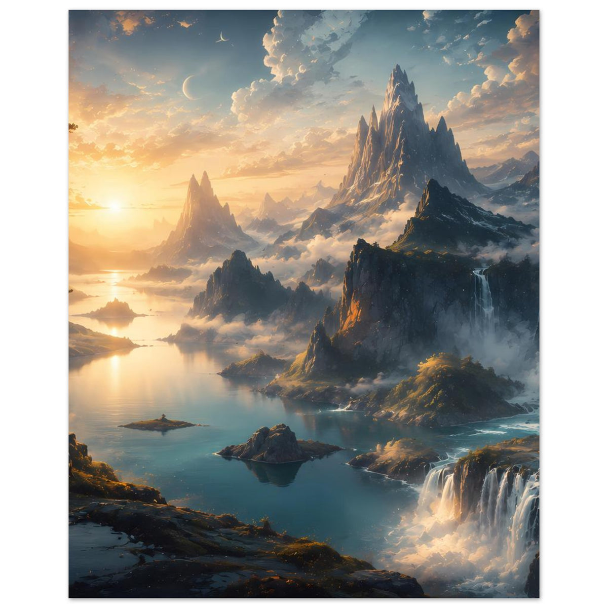 Landschafts-Poster mit Bergkamm, Dunst über dem See und Wasserfall mit Gischt