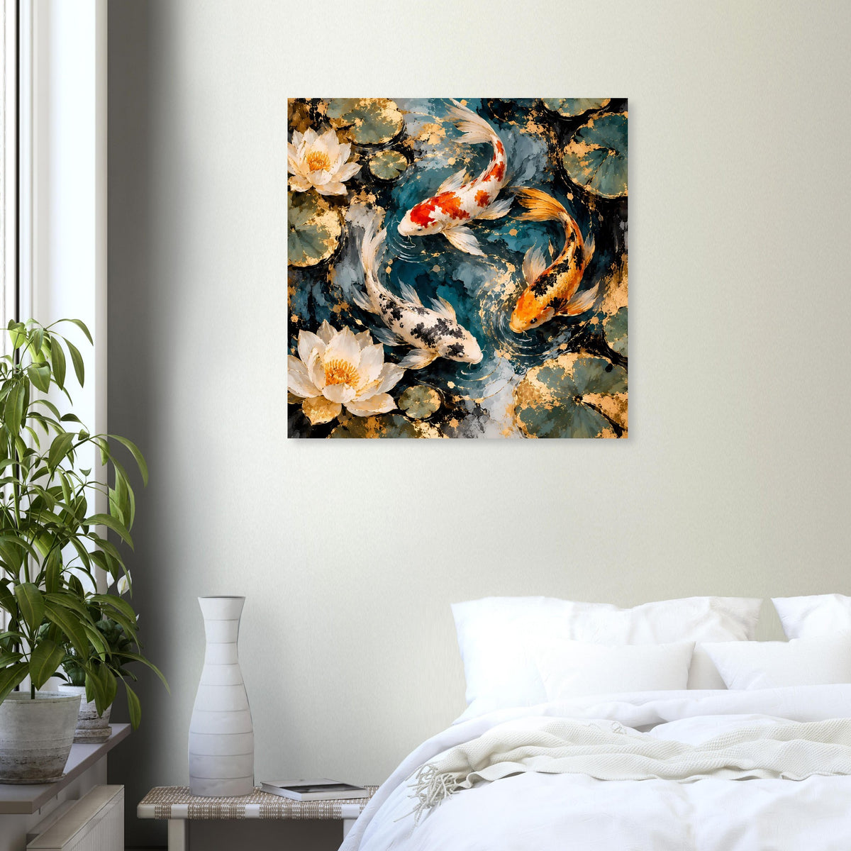 Quadratisches Kunstposter mit Koi-Fischen, goldenen Partikeln und Seerosenblüten