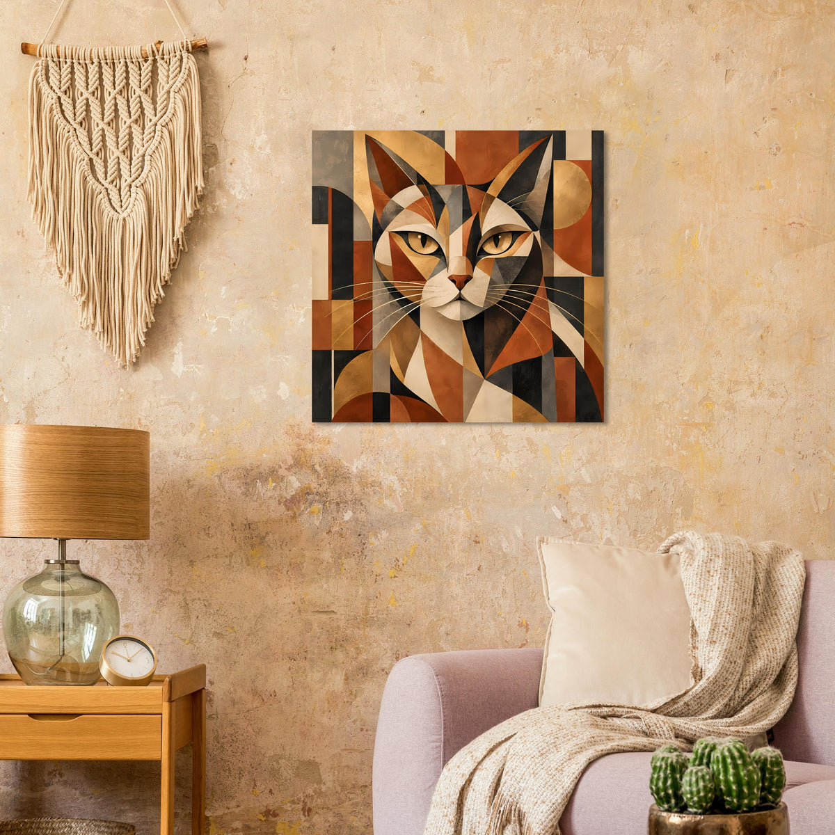 Wandposter mit geometrischer Katze in warmen Braun-, Beige- und Schwarztönen