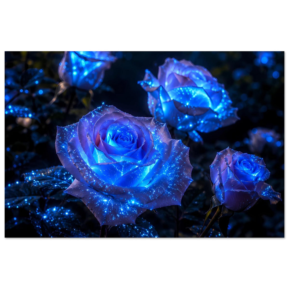 Poster mit drei leuchtend blauen Rosen und glitzerndem Sternenlicht-Effekt